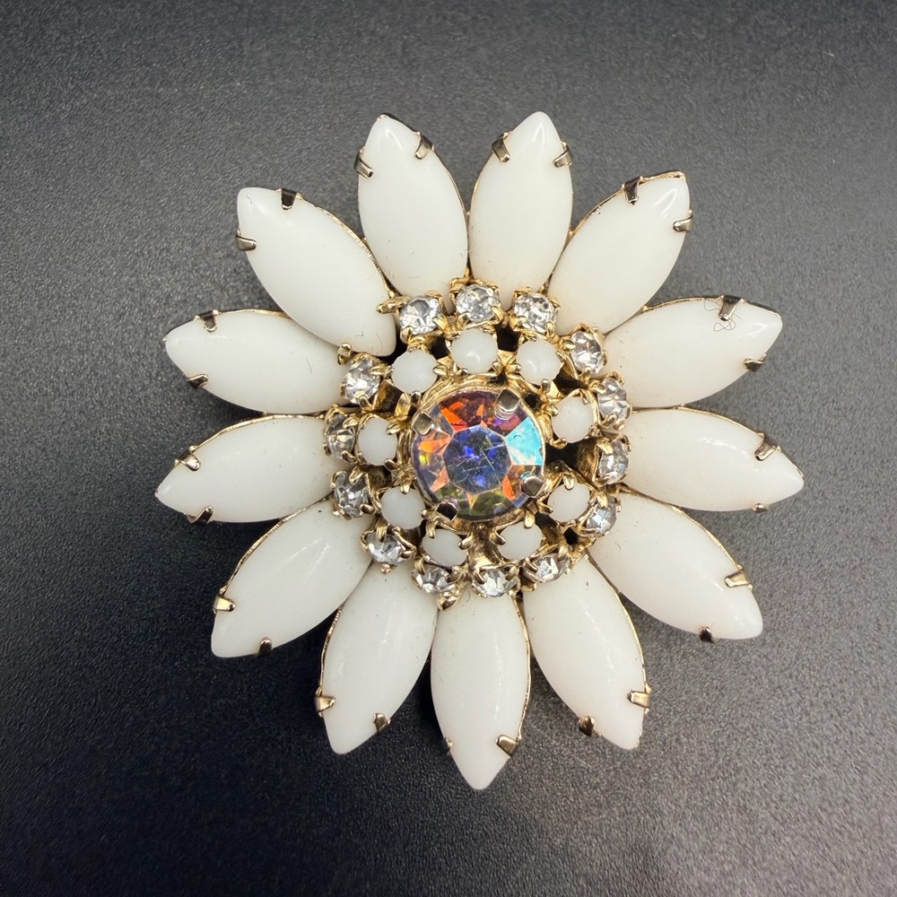 Vintage Milk Glass Flower Brooch AB Rhinestone Gold Tone Floral Pin Mid Century